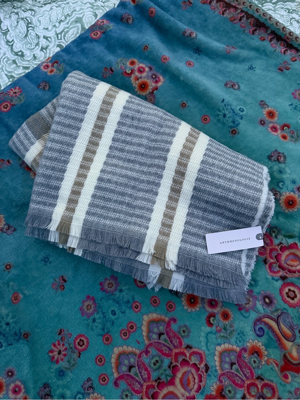 Anthropologie Striped Fringe Scarf - Gray, Cream & Taupe - Picture 1 of 4